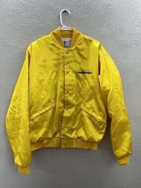 Windless Womens Bomber Jacket Size Large Satin Yellow Wonderbra PR Snap Up VTG